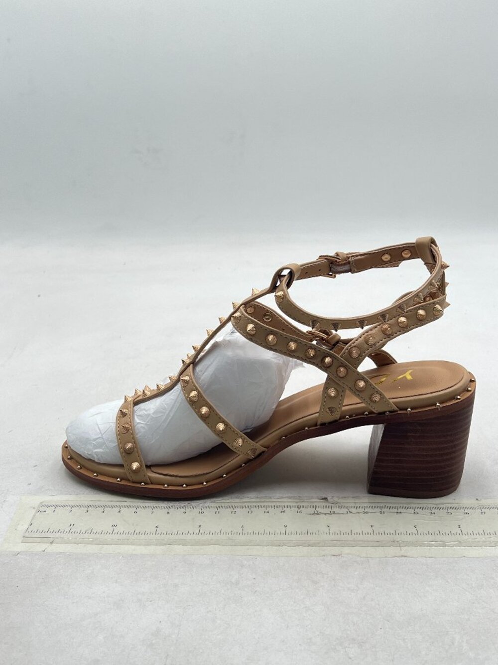 YDN Tan Sexy Strappy Sandals Open Toe Buckle Rivet Gladiator Chunky Heels Shoes - Picture 2 of 8
